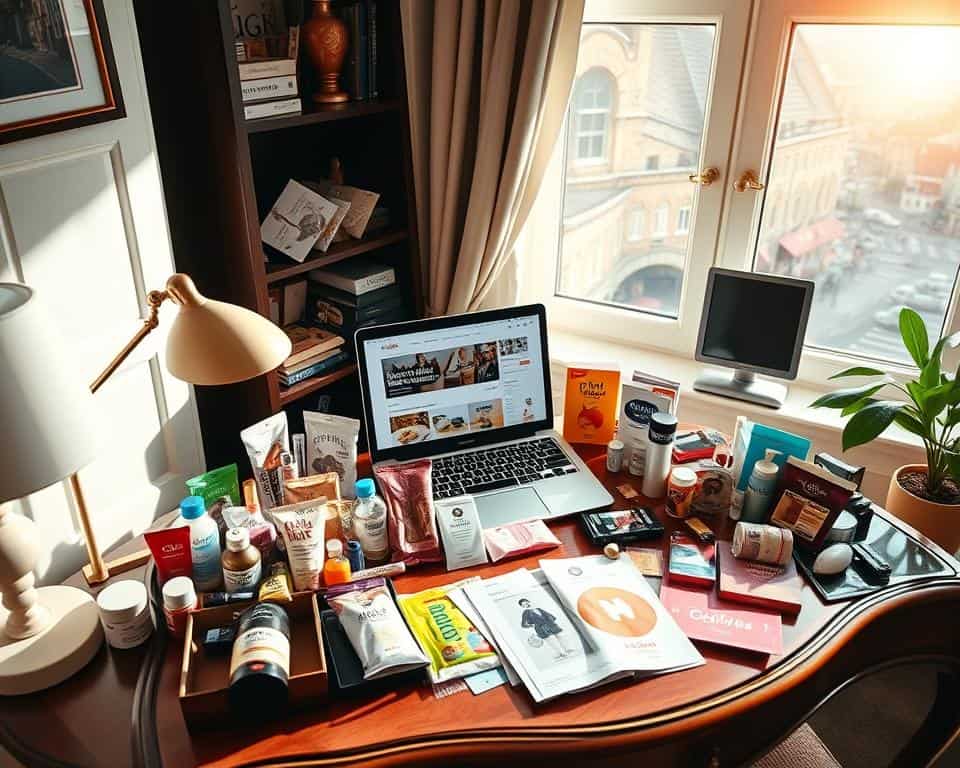 A vibrant composition depicting a cozy workspace featuring a selection of legitimate UK freebies and product samples. In the foreground, an elegant desk is adorned with neatly arranged sample products, such as beauty products, snacks, and wellness items, all clearly labeled and visually appealing. The middle layer showcases a laptop displaying popular sample program websites and community forums. In the background, a soft-focus UK cityscape is visible through a window, adding a local touch. Natural lighting pours in, casting a warm glow across the scene, creating an inviting and friendly atmosphere. The angle is slightly overhead, providing a clear view of the desk and its items, emphasizing the theme of discovery and exploration in finding genuine freebies.