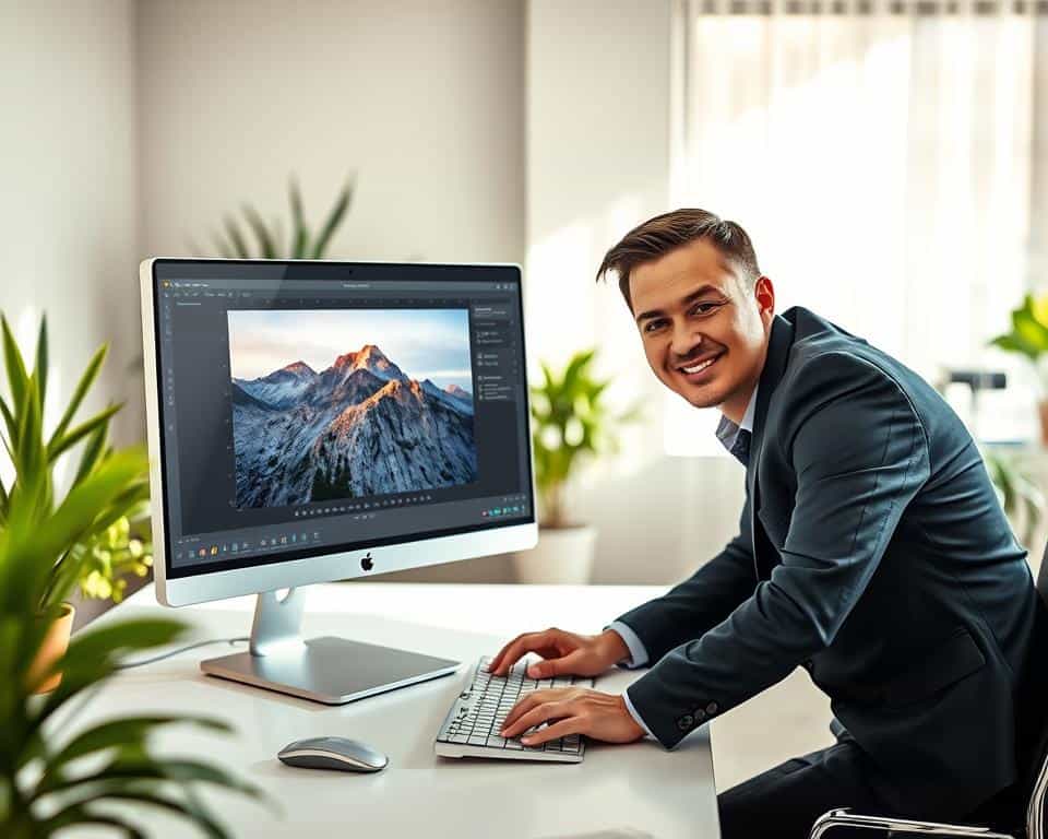 A sleek modern computer desk sits in the foreground, showcasing a high-resolution monitor displaying an intuitive interface of a Sora watermark remover software in action. On the screen, a vibrant image transitions from having a visible watermark to a pristine, unmarked version, capturing the restoration process. A professional individual, dressed in smart casual attire, leans forward with a focused expression, hands poised over the keyboard, embodying confidence and efficiency. The background features a softly lit workspace with hints of greenery from potted plants, enhancing a calming, productive atmosphere. Natural light streams in from a nearby window, creating subtle shadows and highlighting the tech-savvy environment. The overall mood conveys innovation and the simplicity of using advanced AI tools for quick, effective results.